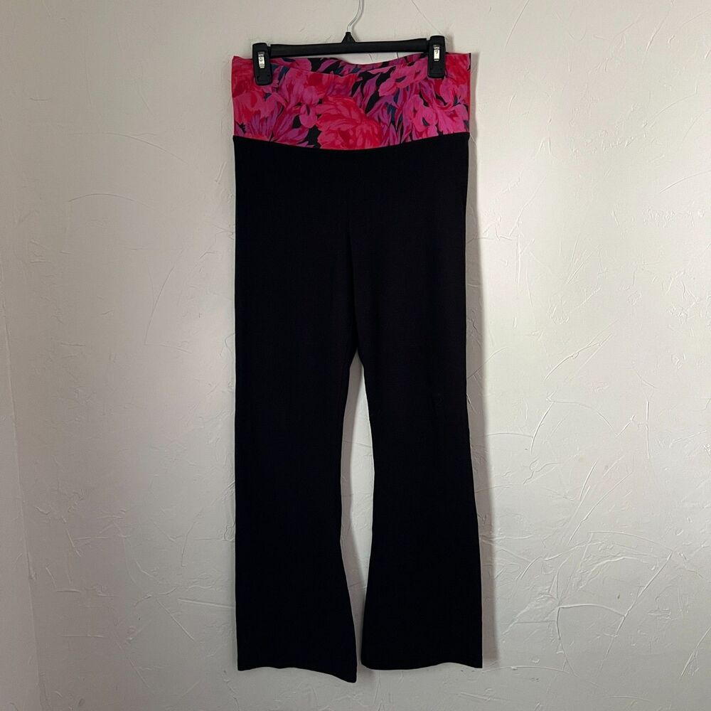 Y2K Victoria's Secret Pink Floral Foldover Yoga Pants Flare Black Athleisure M